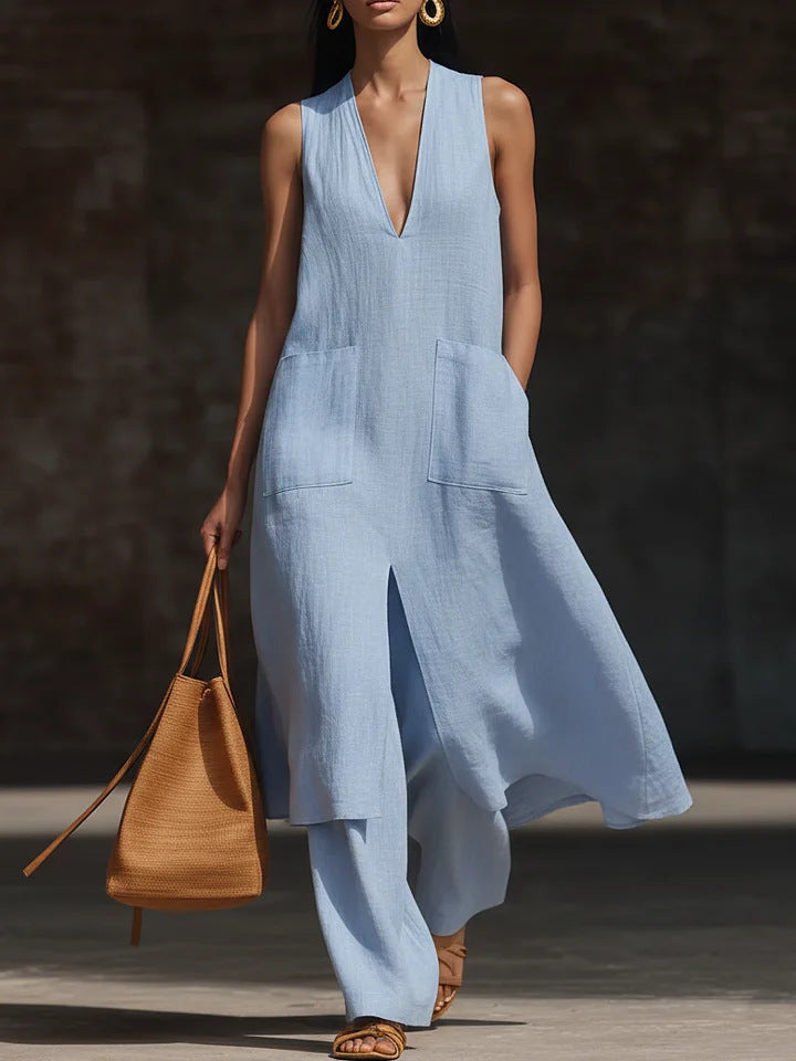 Women's V-Neck Sleeveless Linen Dress Set – Casual Chic FitiqueFit