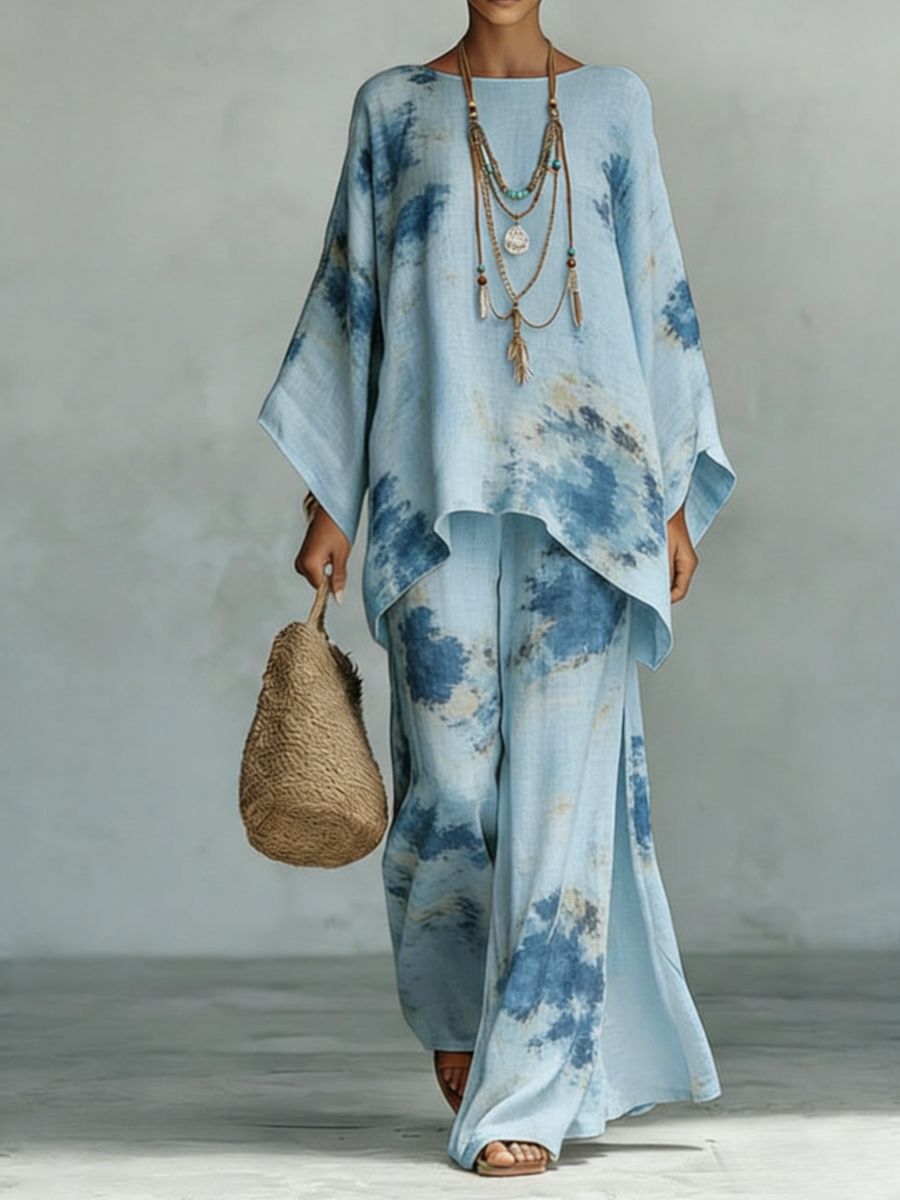 Floral Print Bamboo Linen Two-Piece Set | Wide-Leg Pants FitiqueFit