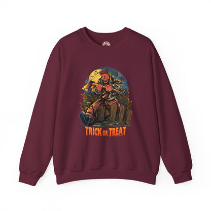 Axe Wielding Zombie Trick or Treat Crewneck Sweatshirt The Devil's Pickle