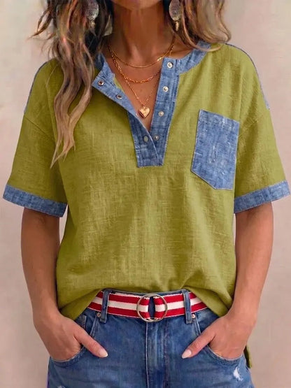Women's Casual Loose-Fit Color-Block Patchwork Short-Sleeve Top FitiqueFit