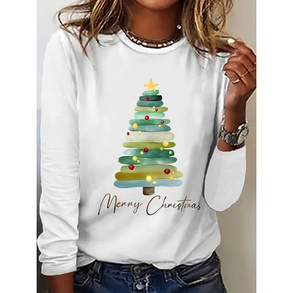 Women’s Long Sleeve Merry Christmas T-Shirt – Cute Christmas Tree Graphic Tee FitiqueFit