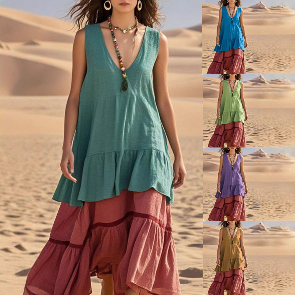 Women's Sleeveless Color-Block Patchwork Maxi Dress – V-Neck FitiqueFit