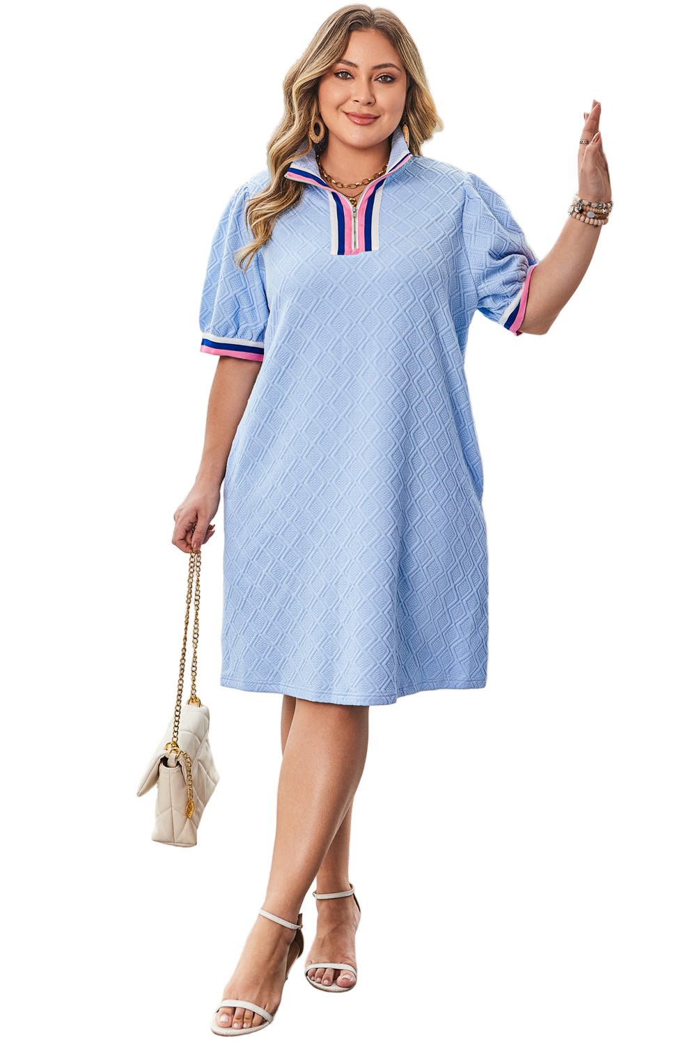 Beau Blue Contrast Striped Trim Zipped Stand Collar Textured Puff Sleeve Plus Size T Shirt Dress Garden Naked Curves
