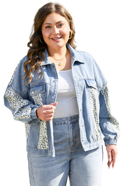 Beau Blue Leopard Patchwork Flap Detail Plus Size Denim Jacket Garden Naked Curves