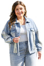 Beau Blue Leopard Patchwork Flap Detail Plus Size Denim Jacket Garden Naked Curves