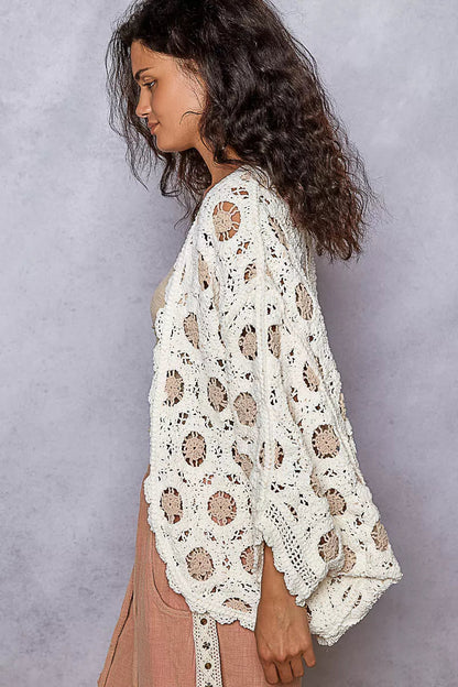 POL Openwork V-Neck Chenille Cardigan with Contrast Floral West2East Surf