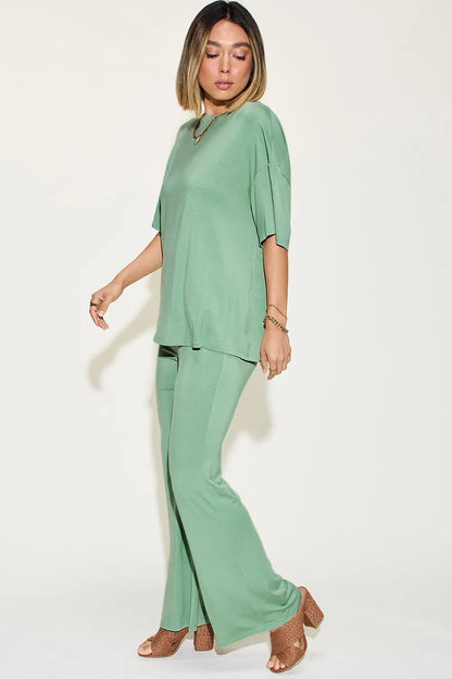 Basic Bae Full Size Bamboo Drop Shoulder T-Shirt and Flare Pants Set New Era Fashion LLc