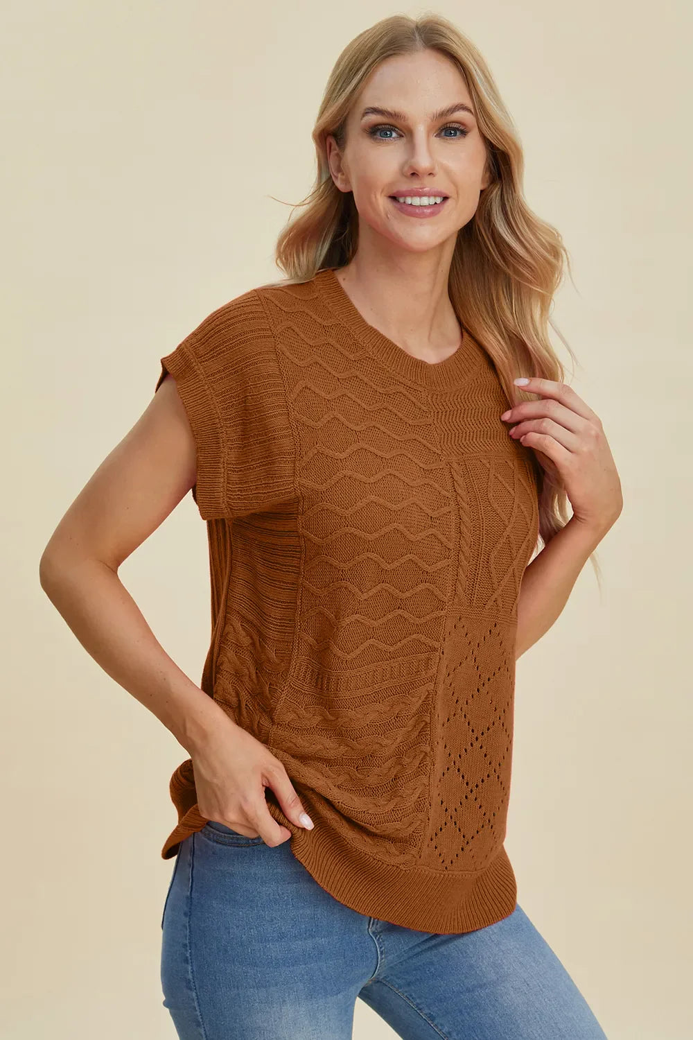 Double Take Full Size Cable-Knit Round Neck Cap Sleeve Sweater New Era Fashion LLc