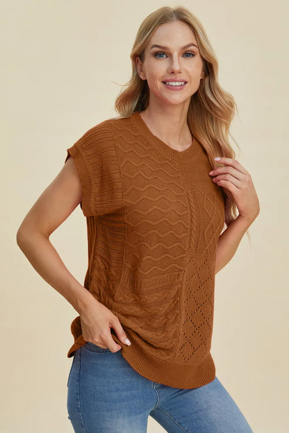 Double Take Full Size Cable-Knit Round Neck Cap Sleeve Sweater New Era Fashion LLc