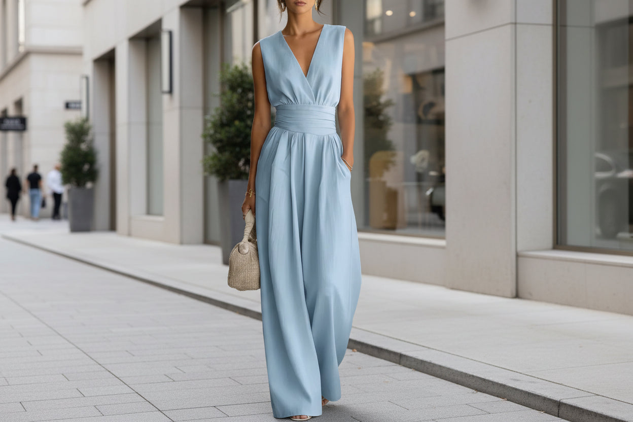 Women's Elegant V-Neck Sleeveless Jumpsuit – Waist-Cinching Straight Leg FitiqueFit