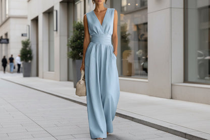 Women's Elegant V-Neck Sleeveless Jumpsuit – Waist-Cinching Straight Leg FitiqueFit