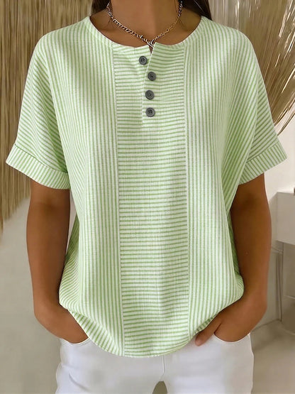Women's Cotton Linen Striped T-Shirt – V-Neck, Button Detail, Loose Fit FitiqueFit