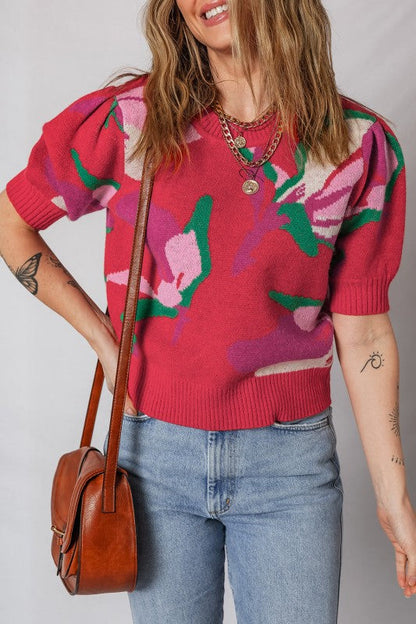 Floral Abstract Short Puff Sleeve Sweater Shop Style & More | Fresh Looks, Everyday Deals & Free Shipping