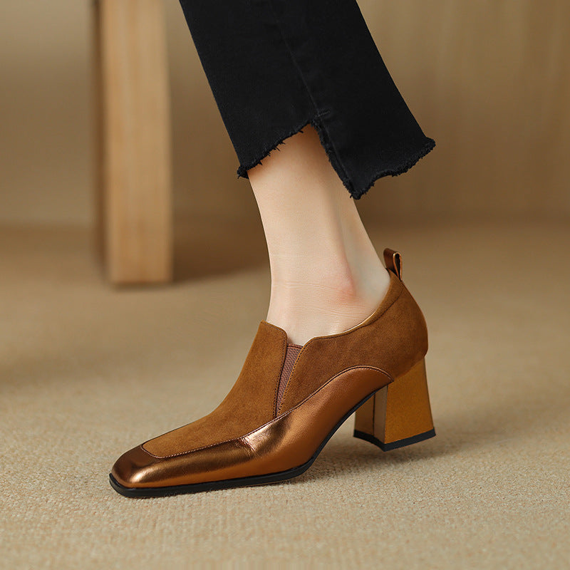 Women's Retro Cowhide Square Toe Chunky Heel Slip-On Pumps FitiqueFit