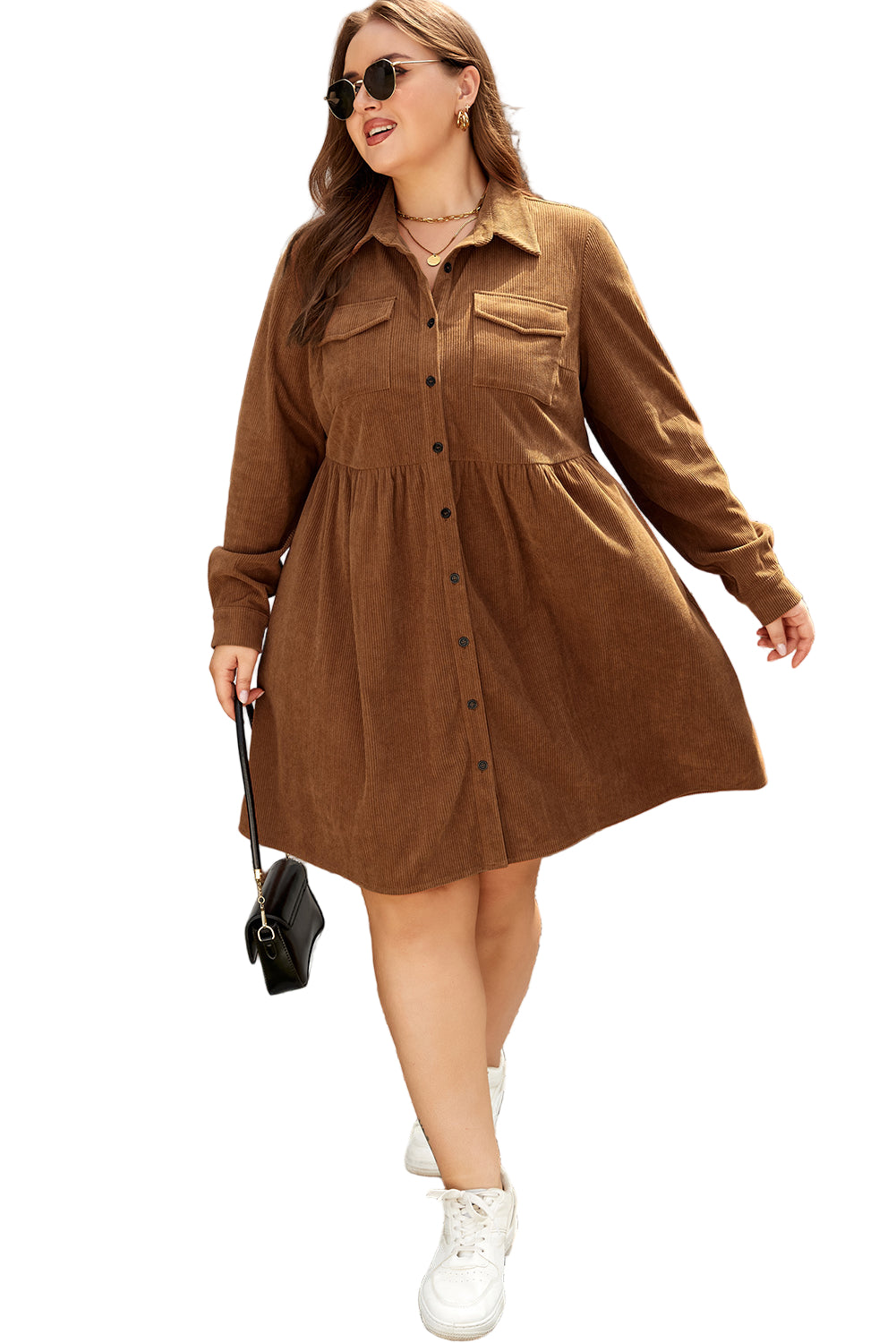 Camel Corduroy Full Buttoned Collared Shirt Style Plus Size Dress Garden Naked Curves