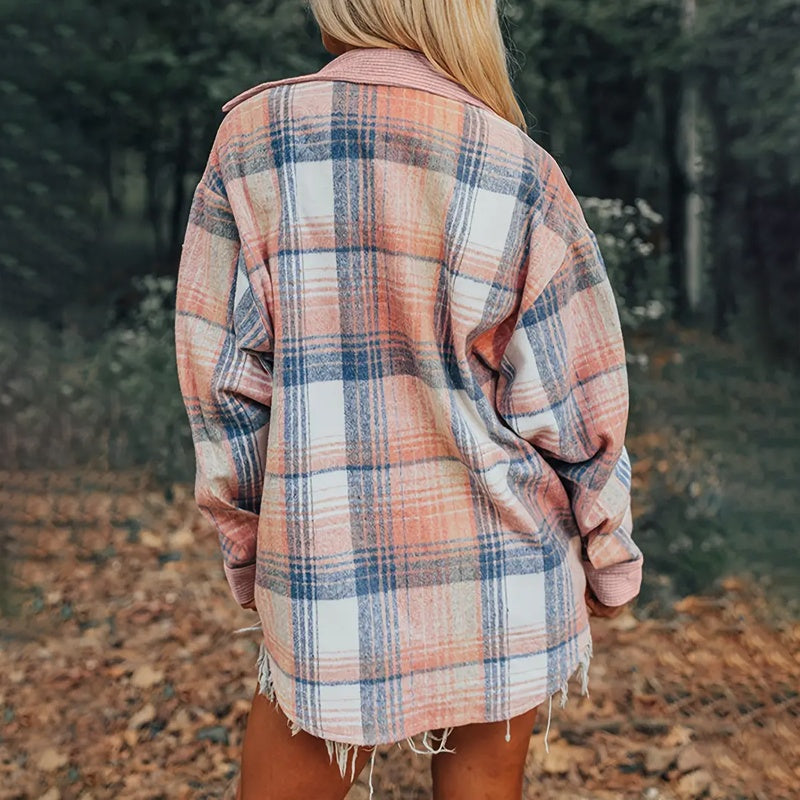 Women's Notch Lapel Check Print Long Sleeve Shirt FitiqueFit
