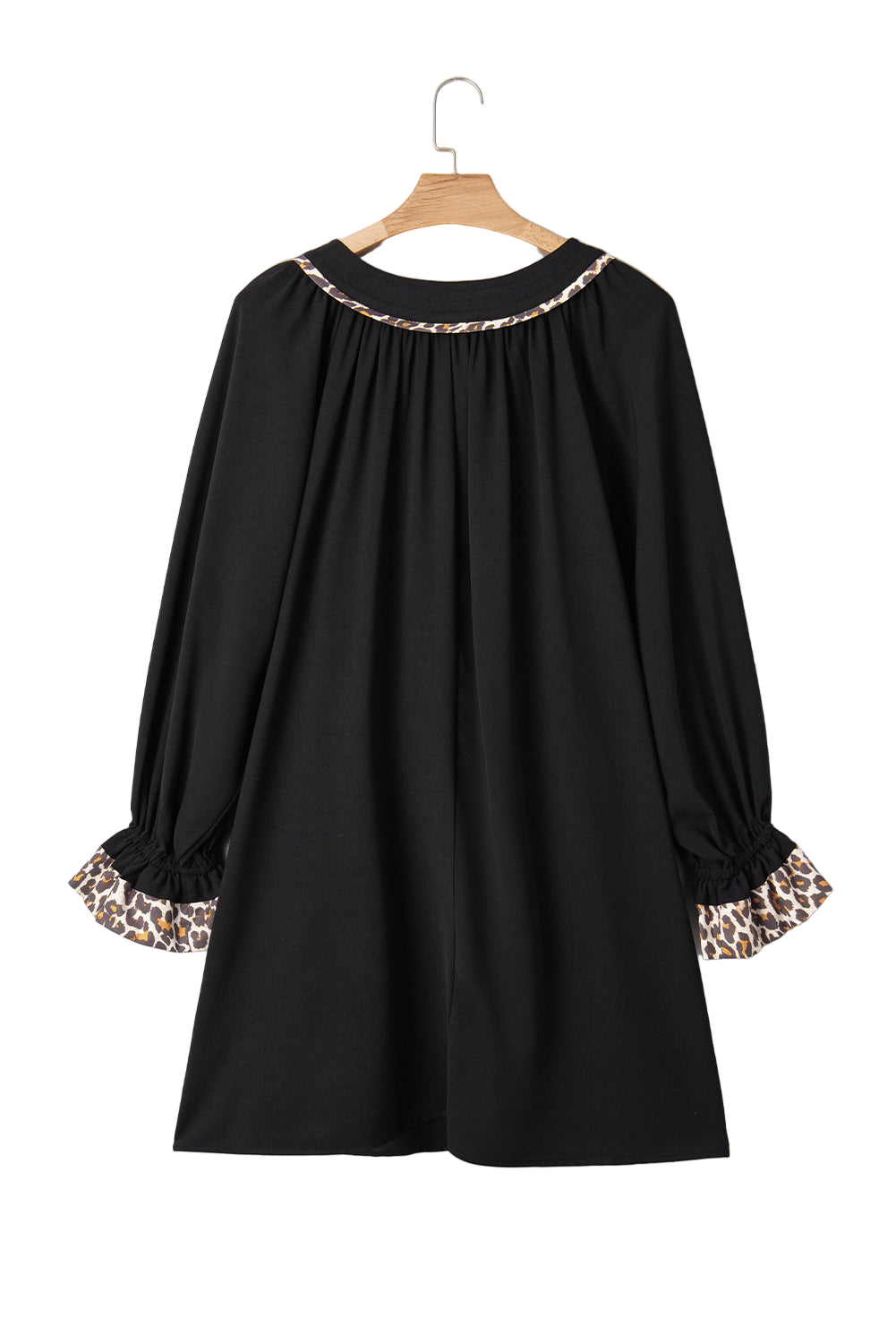Black Plus Size Notched Neck Leopard Trim Flounce Long Sleeve Shift Dress Garden Naked Curves
