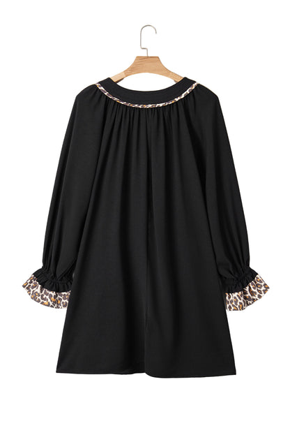 Black Plus Size Notched Neck Leopard Trim Flounce Long Sleeve Shift Dress Garden Naked Curves