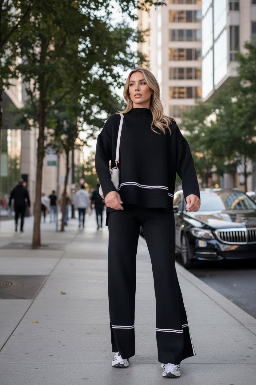 Women’s Solid Color Casual Two-Piece Set – Loose Top & Bootcut Pants Suit FitiqueFit