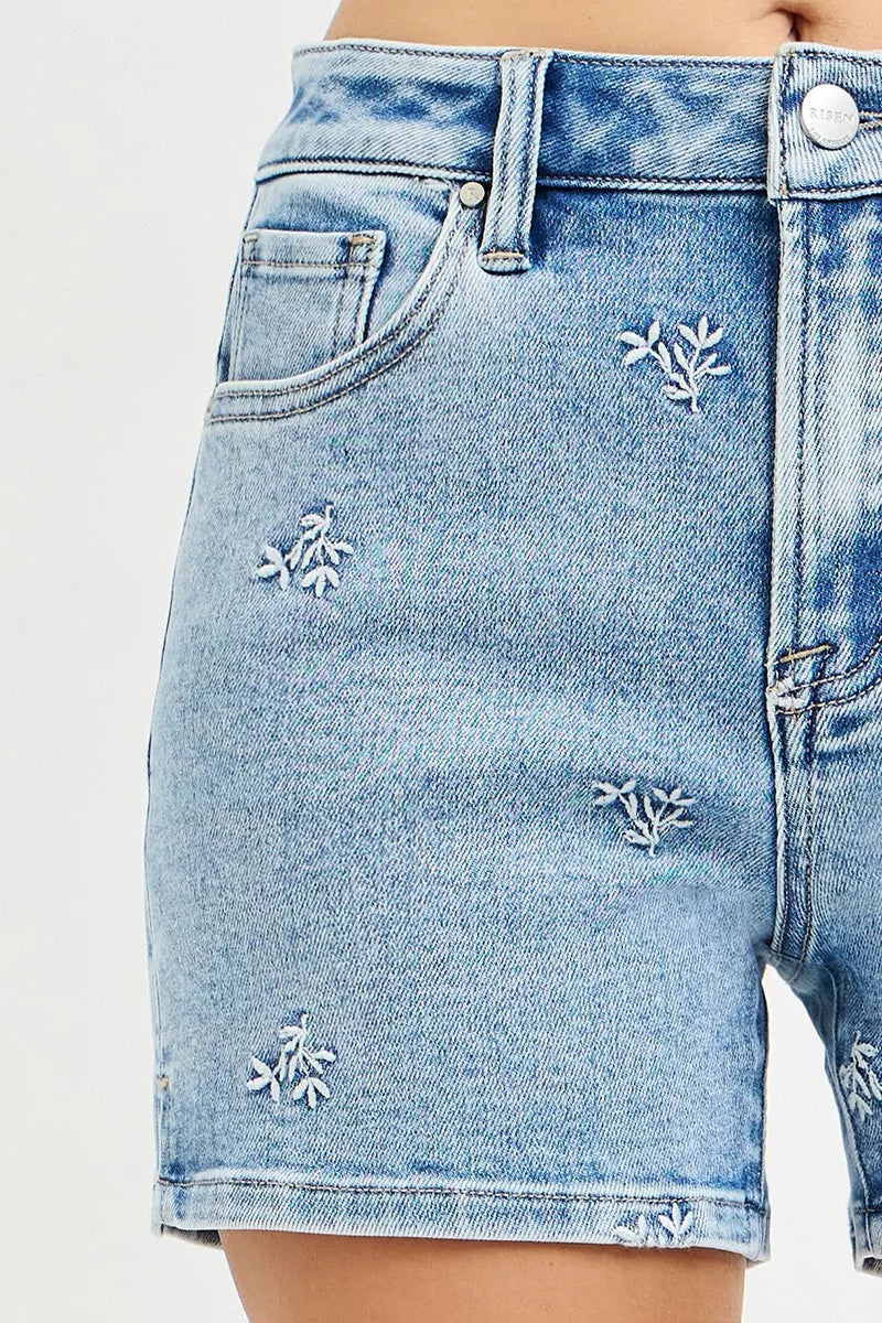 RISEN High Rise Denim Shorts with Embroidered Detail New Era Fashion LLc
