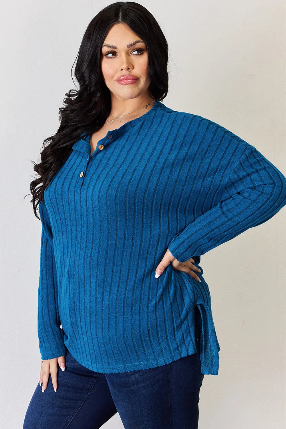Basic Bae Full Size Ribbed Half Button Long Sleeve High-Low T-Shirt New Era Fashion LLc