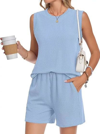 Casual Ribbed Knit Sleeveless Top and Shorts Set New Era Fashion LLc