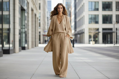 Women's V-Neck Cardigan Coat, Pocket Vest & Long Pants Three-Piece Set FitiqueFit