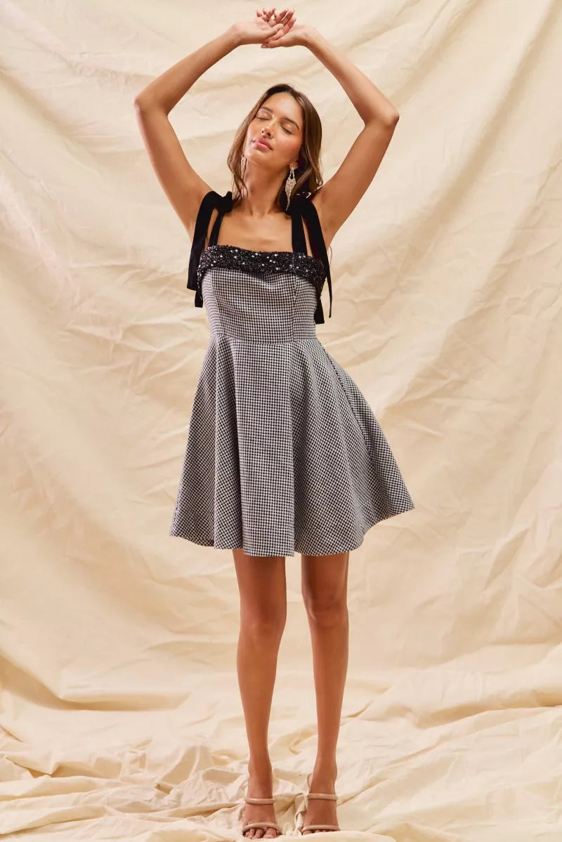 SO ME Houndstooth Fit Flare Mini Dress with Shoulder Tie West2East Surf