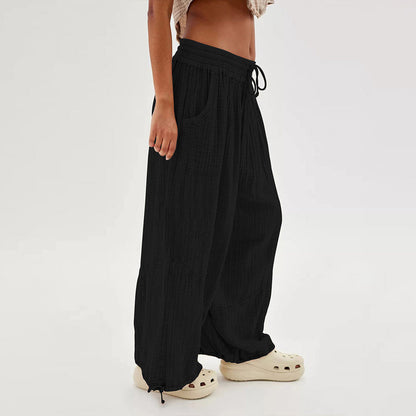 Women’s Solid Color Wide Leg Pants – Elastic Drawstring Waist and Side Pockets FitiqueFit