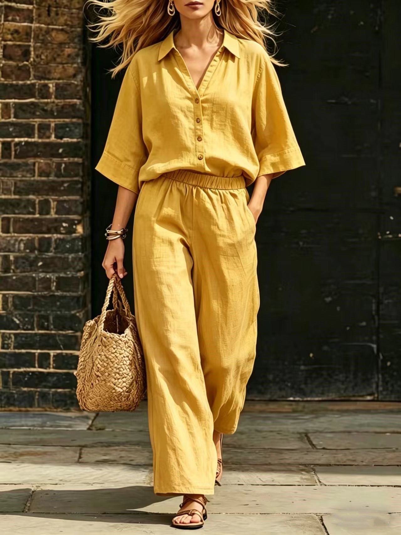 Short-Sleeve Shirt & Loose Pants Set – Casual Two-Piece FitiqueFit