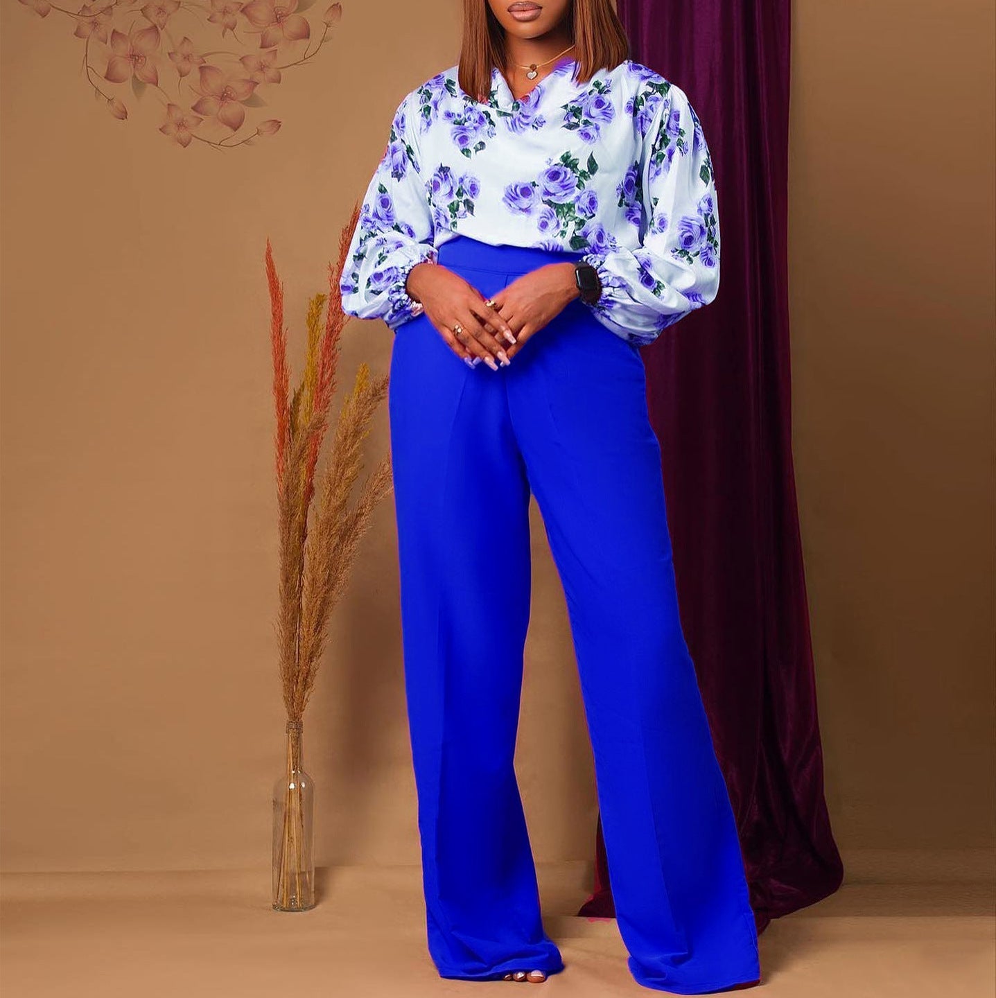 Printed Floral Lace-Up Top & Wide-Leg Pants Set – 4 Colors, S–3XL FitiqueFit