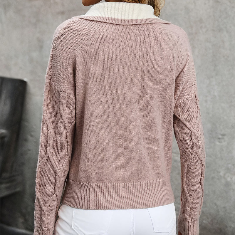 🧶 Women’s Lapel V-Neck Color-Block Long-Sleeve Pullover Sweater FitiqueFit