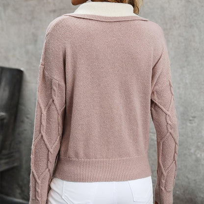 🧶 Women’s Lapel V-Neck Color-Block Long-Sleeve Pullover Sweater FitiqueFit