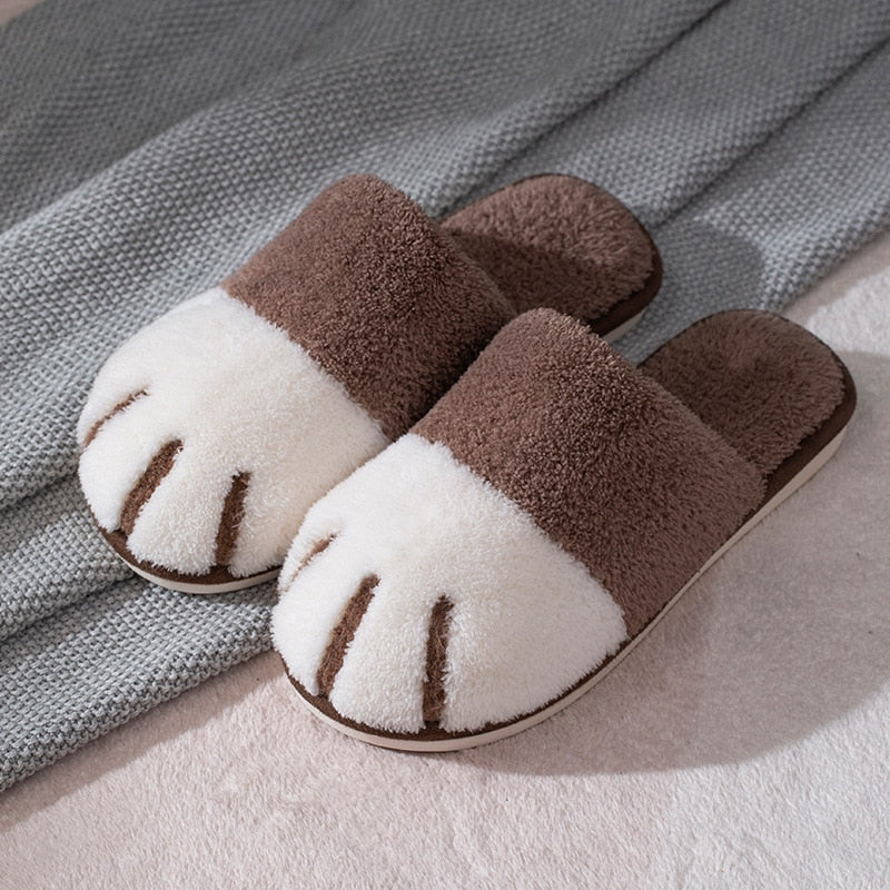 Winter House Warm Fur Slipers For Women Cute Cat paw Designer Bedroom Warm Plush Shoes Non-slip Indoor Women Furry Slippers