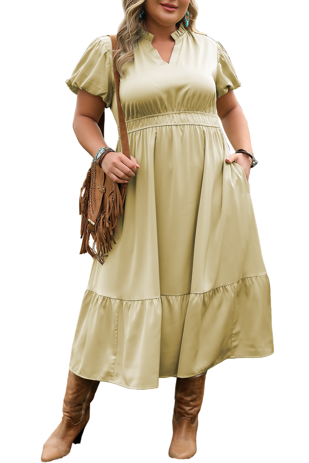 Laurel Green Notched V Neck Puff Sleeve Tiered Plus Size Maxi Dress Garden Naked Curves