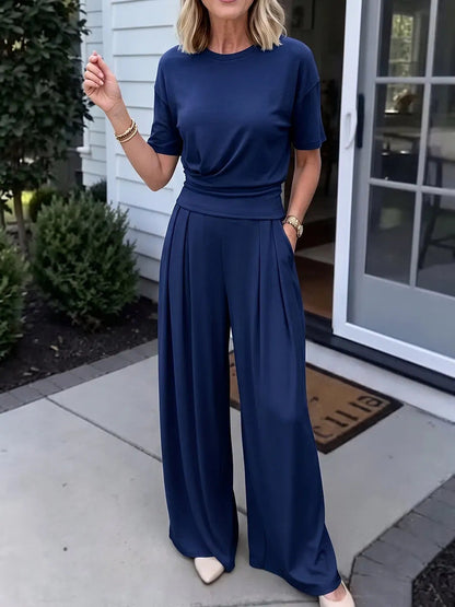 Women's Loose Crew-Neck T-Shirt & Wide-Leg Pants Two-Piece Set FitiqueFit