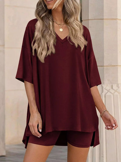 Full Size Casual Loose V-Neck T-Shirt & Shorts Set Plus Size New Era Fashion LLc