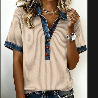 Euro-American Denim-Trimmed Loose T-Shirt for Women FitiqueFit