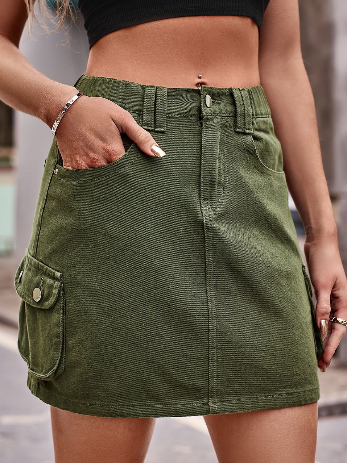 Denim Mini Skirt with Pockets See size chart under “more details” The Fashion Celestial