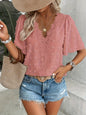 Women's V-Neck Lace-Trim Swiss Dot Short-Sleeve Top – Casual Loose Fit FitiqueFit