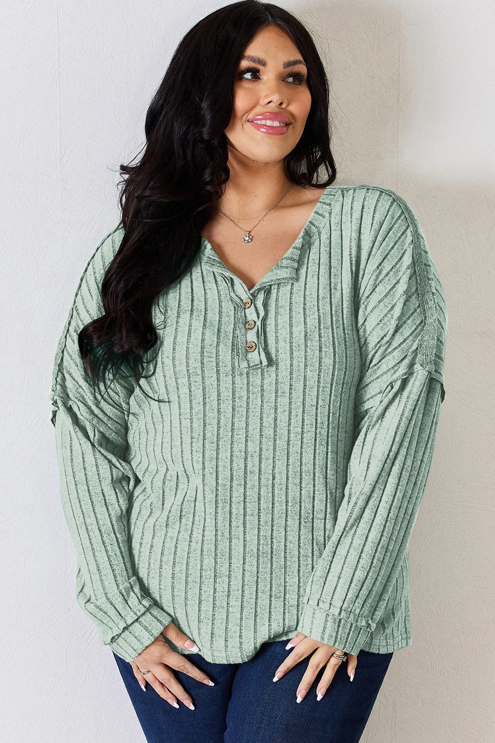 Basic Bae Full Size Ribbed Half Button Long Sleeve T-Shirt New Era Fashion LLc