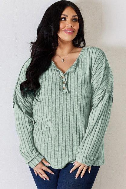 Basic Bae Full Size Ribbed Half Button Long Sleeve T-Shirt New Era Fashion LLc