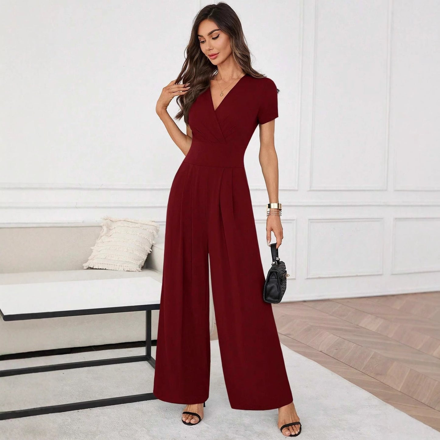 Three-Quarter Sleeve Pleated Wide-Leg Jumpsuit | 2 Colors S–XL FitiqueFit