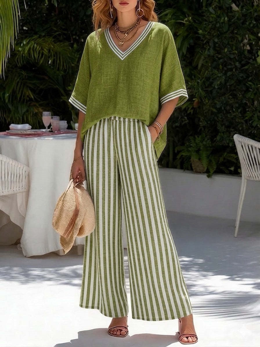 Women's Striped Tunic Top & Casual Trousers Two-Piece Set FitiqueFit