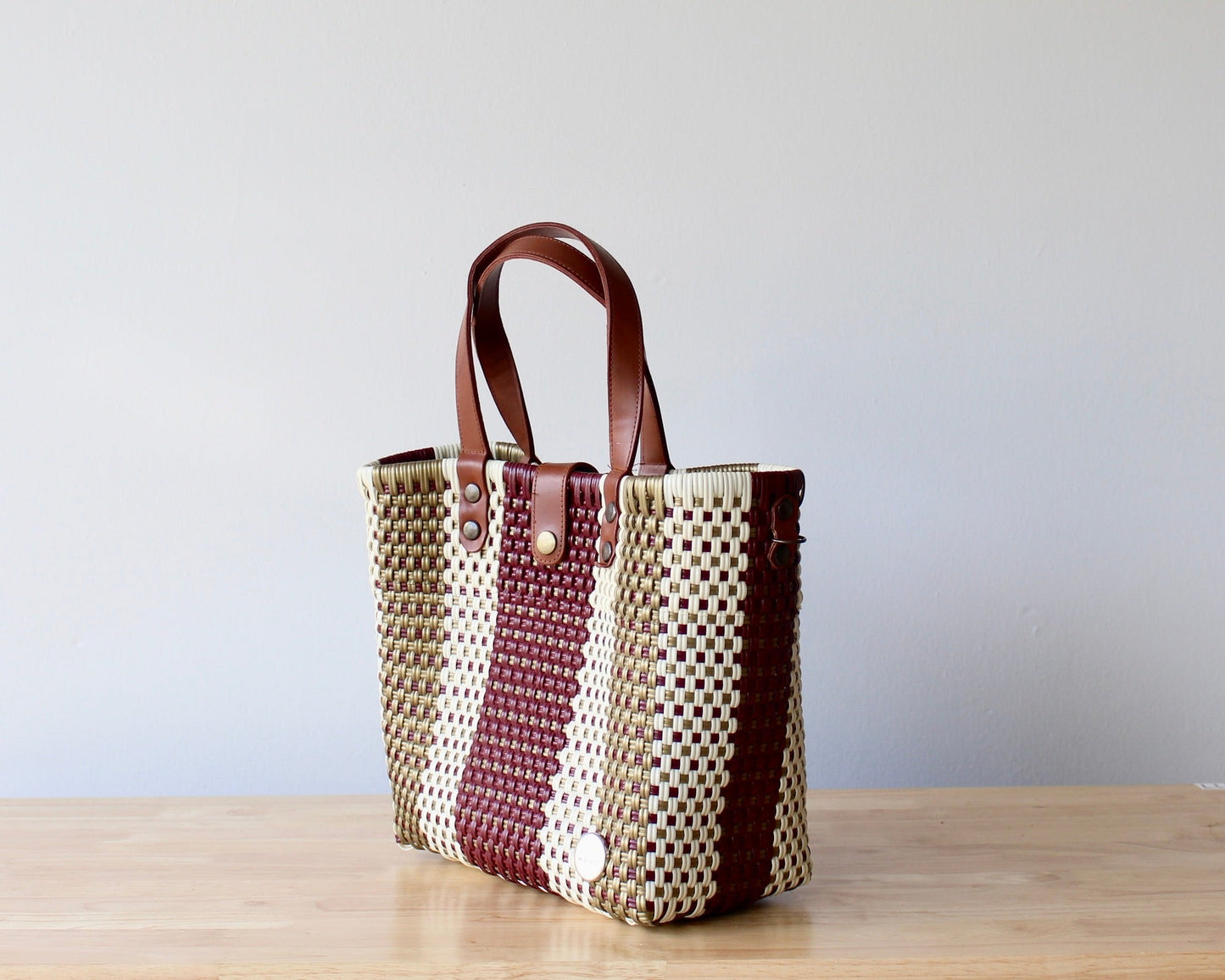 Vida Purse – Maroon, Gold & Beige Handwoven Purse with Leather Handles MexiMexi