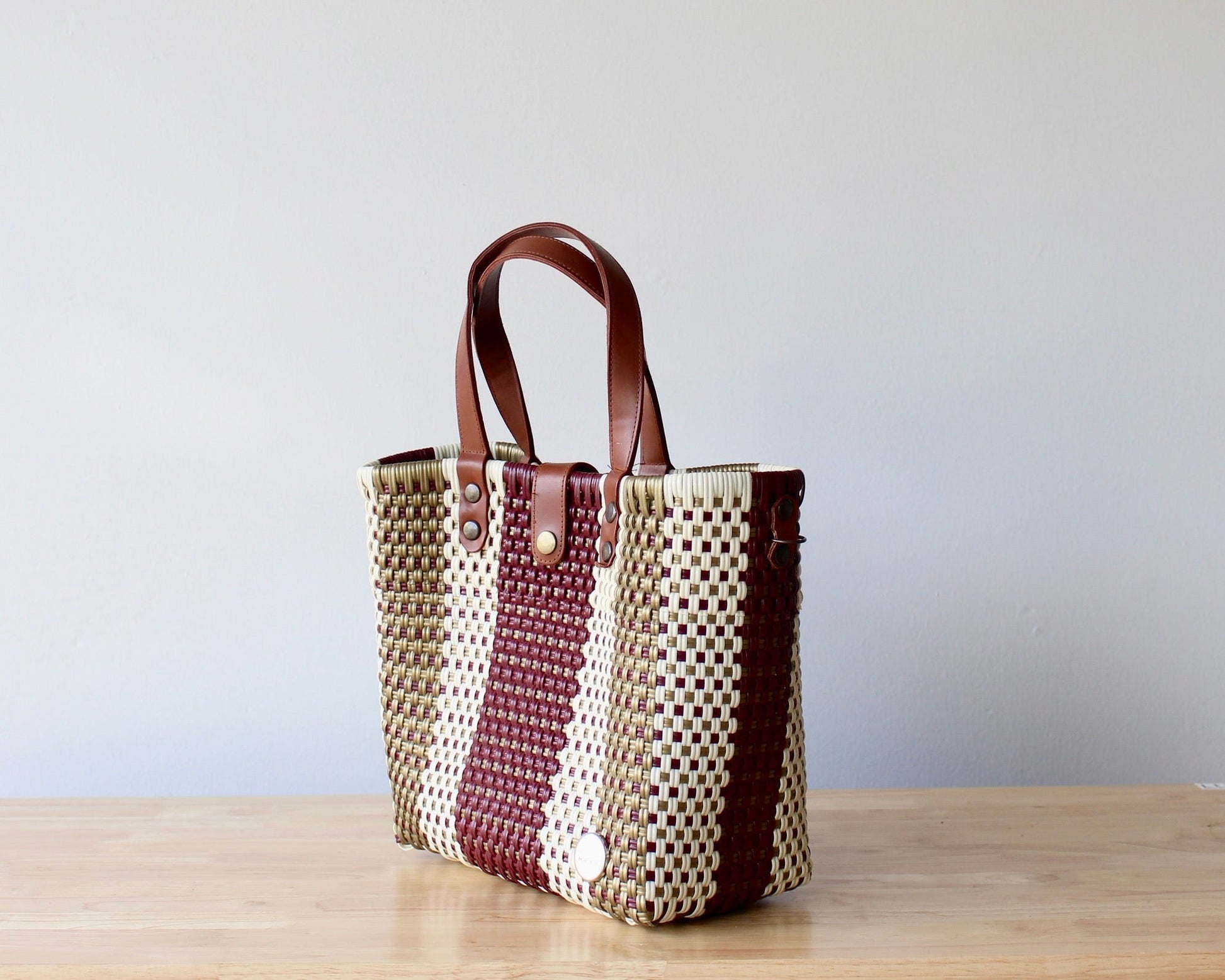 Vida Purse – Maroon, Gold & Beige Handwoven Purse with Leather Handles MexiMexi