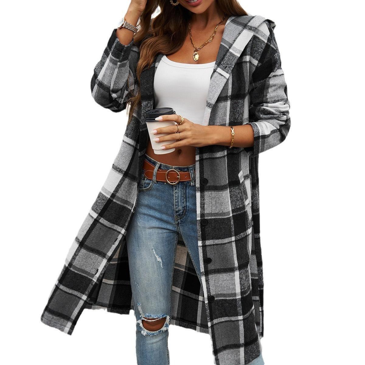 Contrasting Color Hooded Jacket – Stylish Cowgirl Outerwear with Checkered Pattern Country in My Heart
