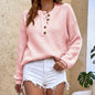 Solid Button Pullover Women's Round Neck Sweater