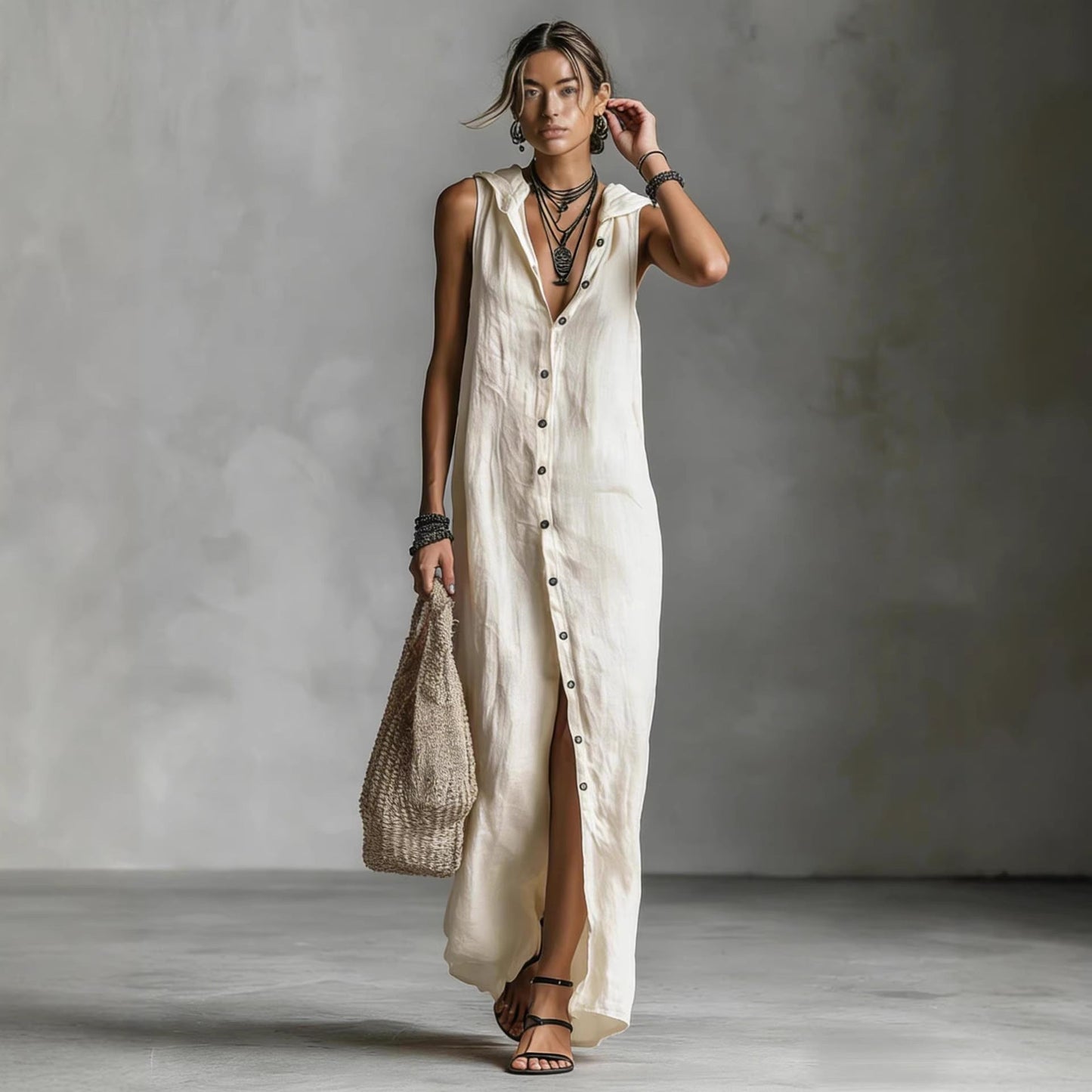 Women's Sleeveless Deep V-Neck Hooded Loose Maxi Dress – 6 Colors XS–3XL FitiqueFit