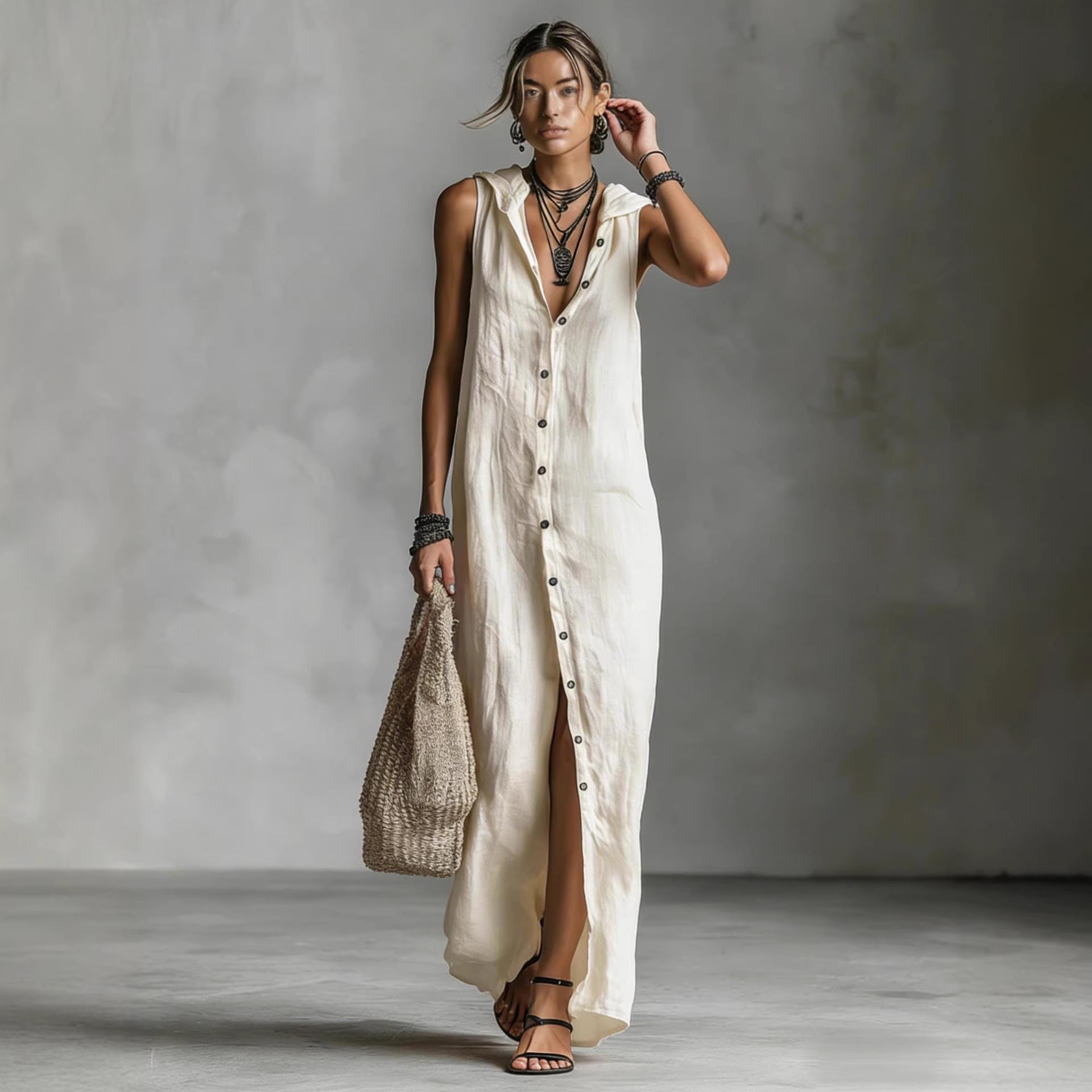 Women's Sleeveless Deep V-Neck Hooded Loose Maxi Dress – 6 Colors XS–3XL FitiqueFit